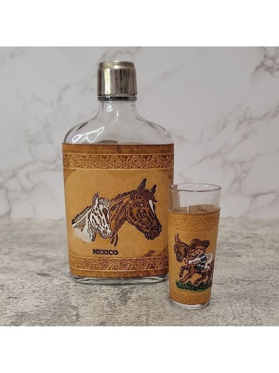 Vintage Other - Vintage Mexico Horse glass and leather flask and shot glass set horses